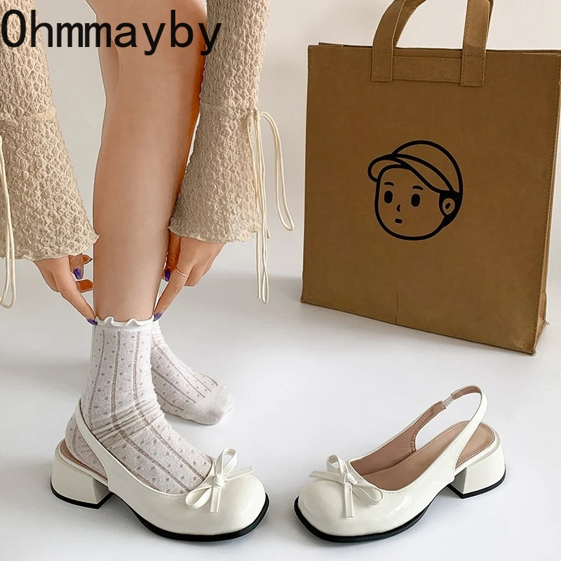 2025 New Summer Thick Heel Women Sandals Elegant Butterfly-knot Ladies Slip On Singbacks Dress Shoes