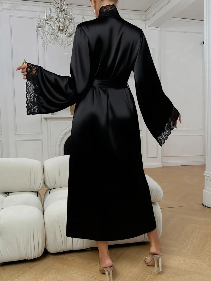 Sexy Lace Patchwork Nightwear Vestidos De Novia Women Wedding Dress Satin Kimono Bathrobe Intimate Lingerie Long Pijama Mujer