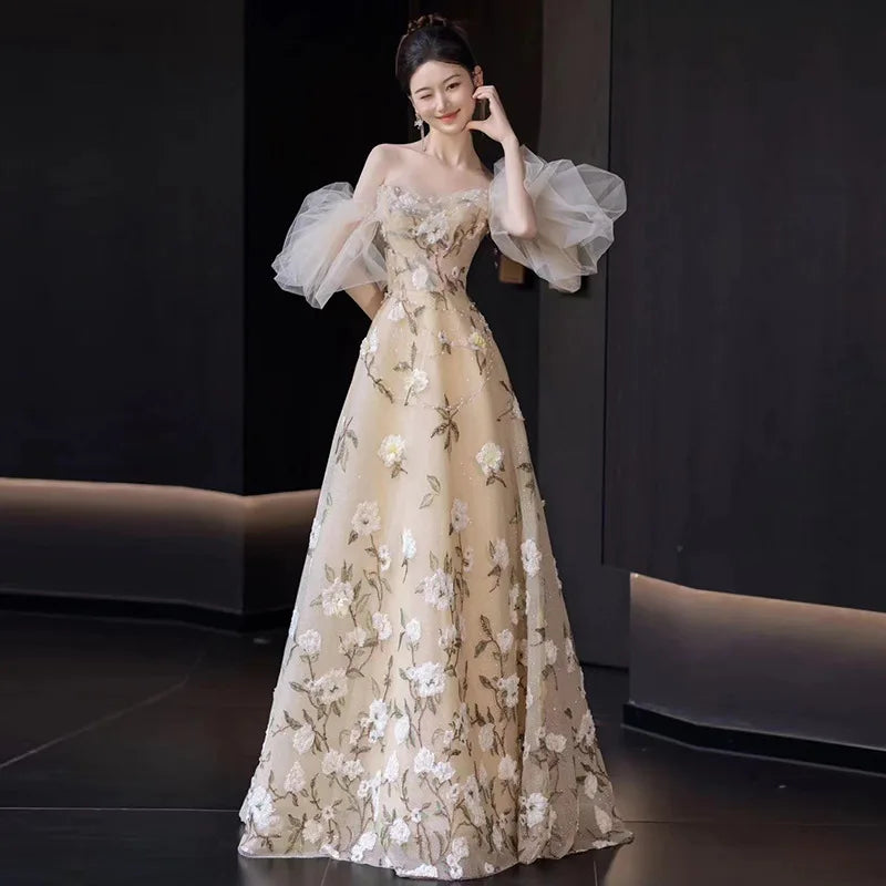 Super Fairy flower off-Shoulder High-End Evening Dress Host Performance Light Luxury Bride Engagement 15 Quinceanera Dresses