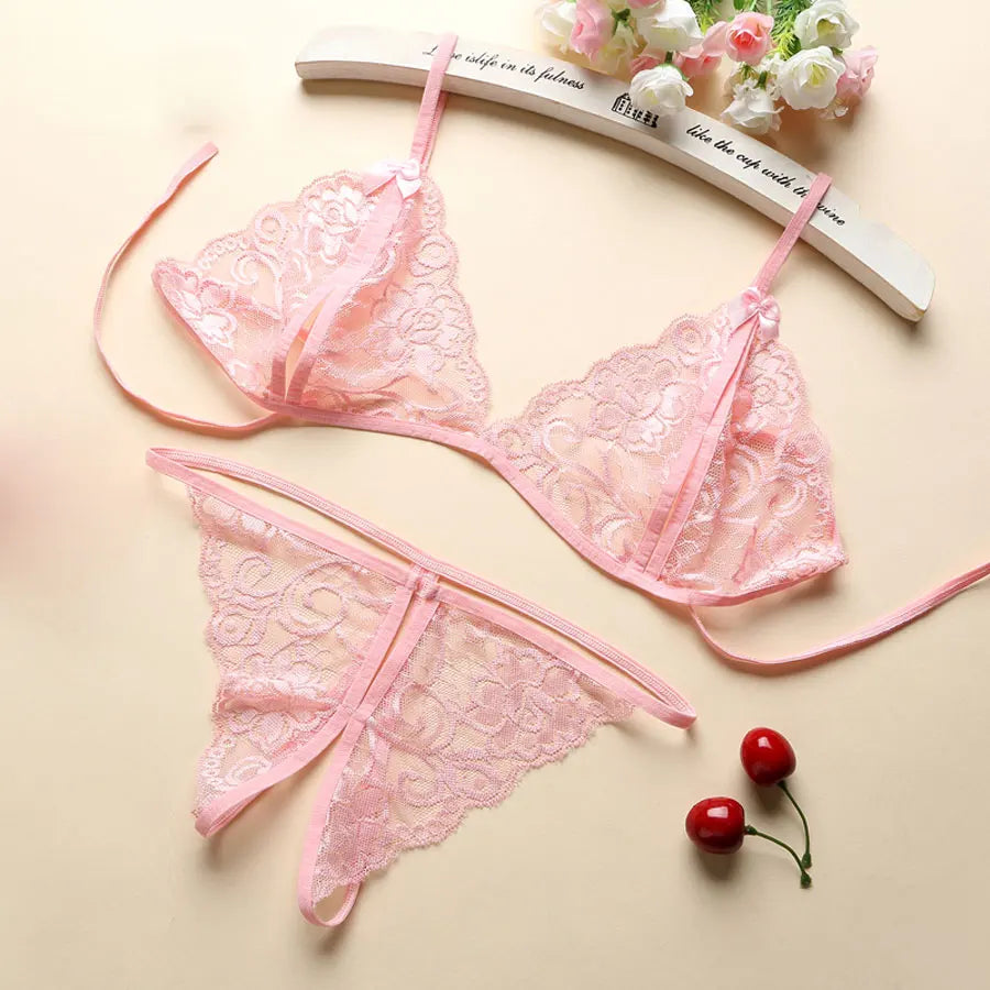 Delicate And Pretty Lace-up Traf And Thong Pajama Set Sexy Sleepwear Babydoll Nightdress Short Sleeve Floral Lingerie Underwear