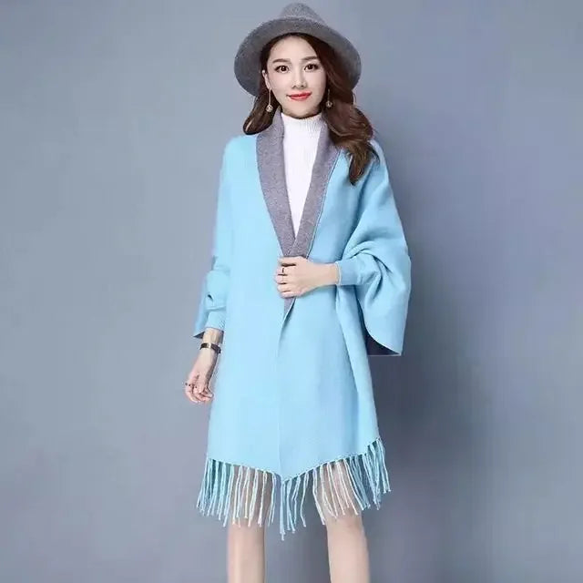 New Colors Black Women Outstreet Loose Knitwear Capes Solid Autumn Winter Knitted Batwing Sleeves Long Poncho Female Tassel Coat