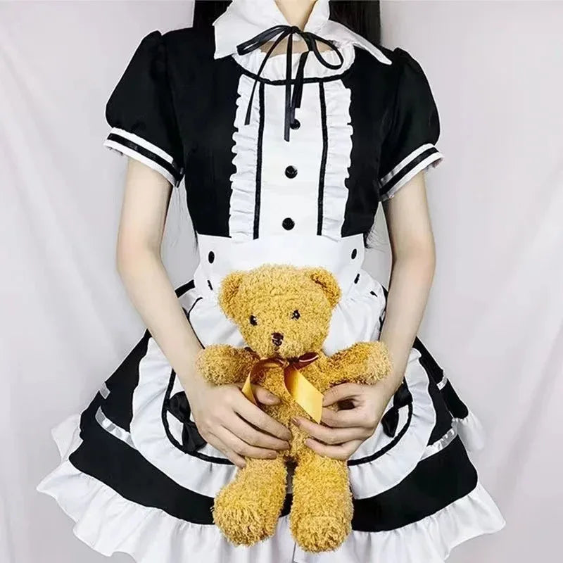 Sexy Lingerie Lolita Maid Cosplay Costume Women Headwear Apron Fake Collar Bowknot Black Dress Halloween Party Outfit