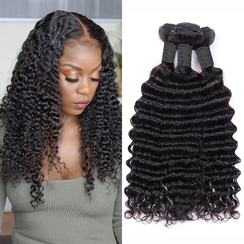 30 40 Inch Peruvian Deep Wave Human Hair Extensions Natural Black 1/3/4 Pcs Women's Loose Deep Wave Human Hair Weave Bundles