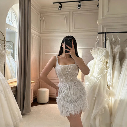 Square Neck Feather Short Wedding Dress Spaghetti Strap Beaded Corset Mini Bridal Gown Lace Up Back Reception Party Dress Custom