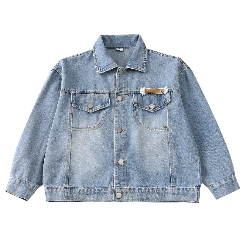 2025 Spring Autumn Children Blue Washed Denim Jacket For Boys Loose Long Sleeve Button Up Back Pockets Fashion Jeans Jacket Coat