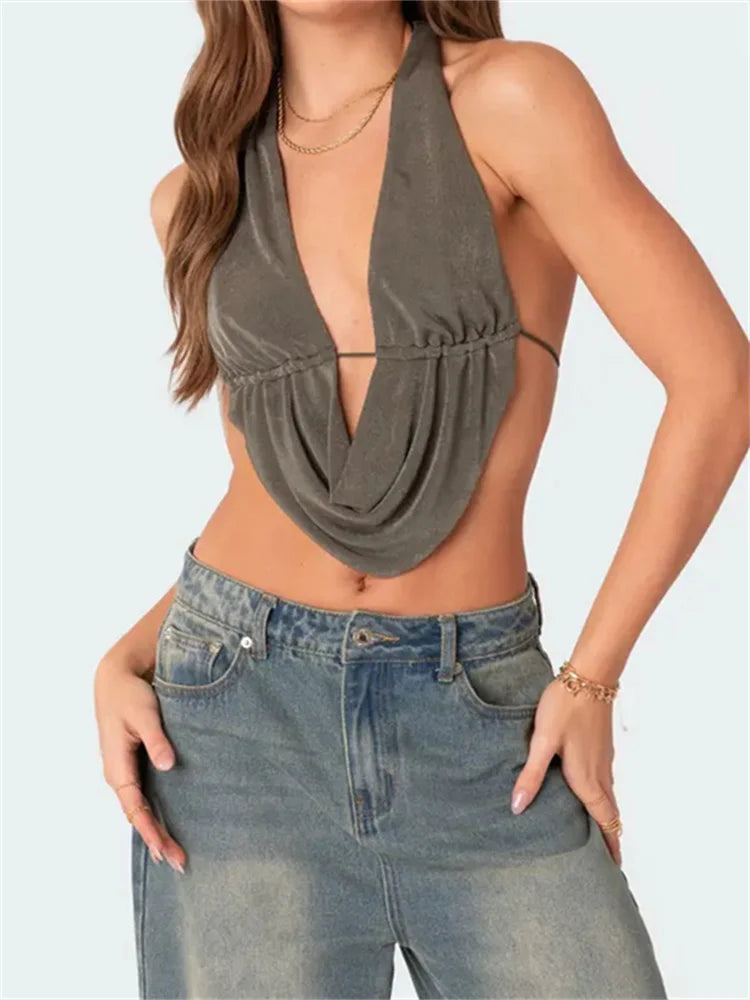 CHRONSTYLE Chic Backless Halter Lace-up Tank Crop Tops for Women Y2K V Neck Ruched Camis Fairy Grunge Vintage Mini Vest Clubwear