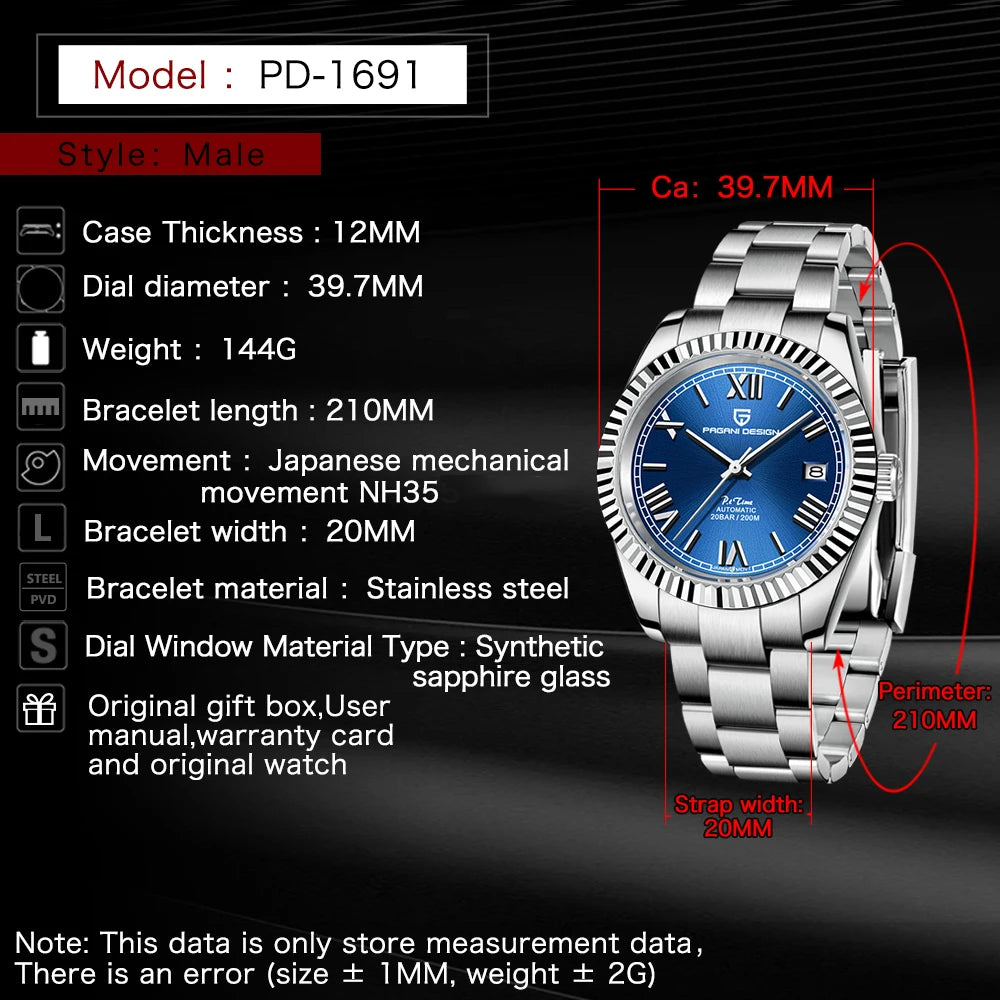 2025 Pagani design mechanical watch men's fashion automatic watch men's Roman time scale 200 m waterproof men's watches gift box