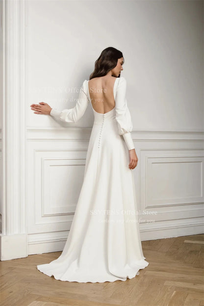 SSYTENS Elegant Square Neck A Line Wedding Dresses Full Sleeves Long Bridal Gown Woman Open Back Pleats Customized Bride Dress