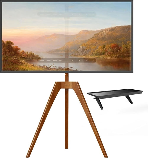 Wood Easel TV Stand For 45 To 65 Inch TVs Walnut Floor