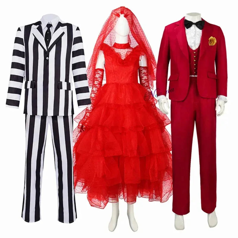 AA 2025 New Cosplay Juice Costume Beetlejuice Adam Lydia Red Wedding Dress Outfit Women Tulle Bride Gown Halloween Party Sui ☆ ☆