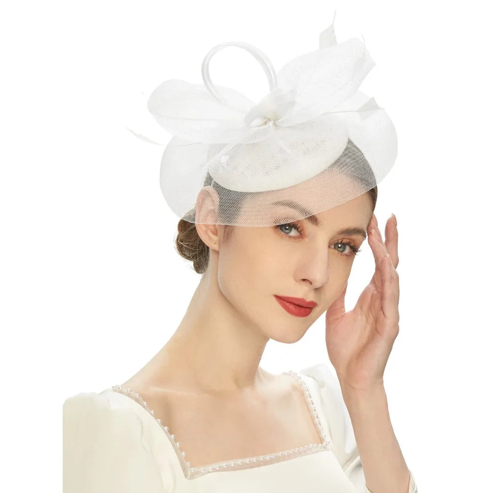 Fashion Feathers Mesh Fascinator Hat Elegant Exquisite Veil Hat Headwear Hair Hoop Sweet Bride Headband Cocktail Party