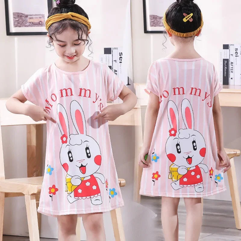 3-10Yrs Girls Dress Summer Kids Girls Cartoon Pajamas Teenager Night Dresses Baby Nightdress Children Clothes