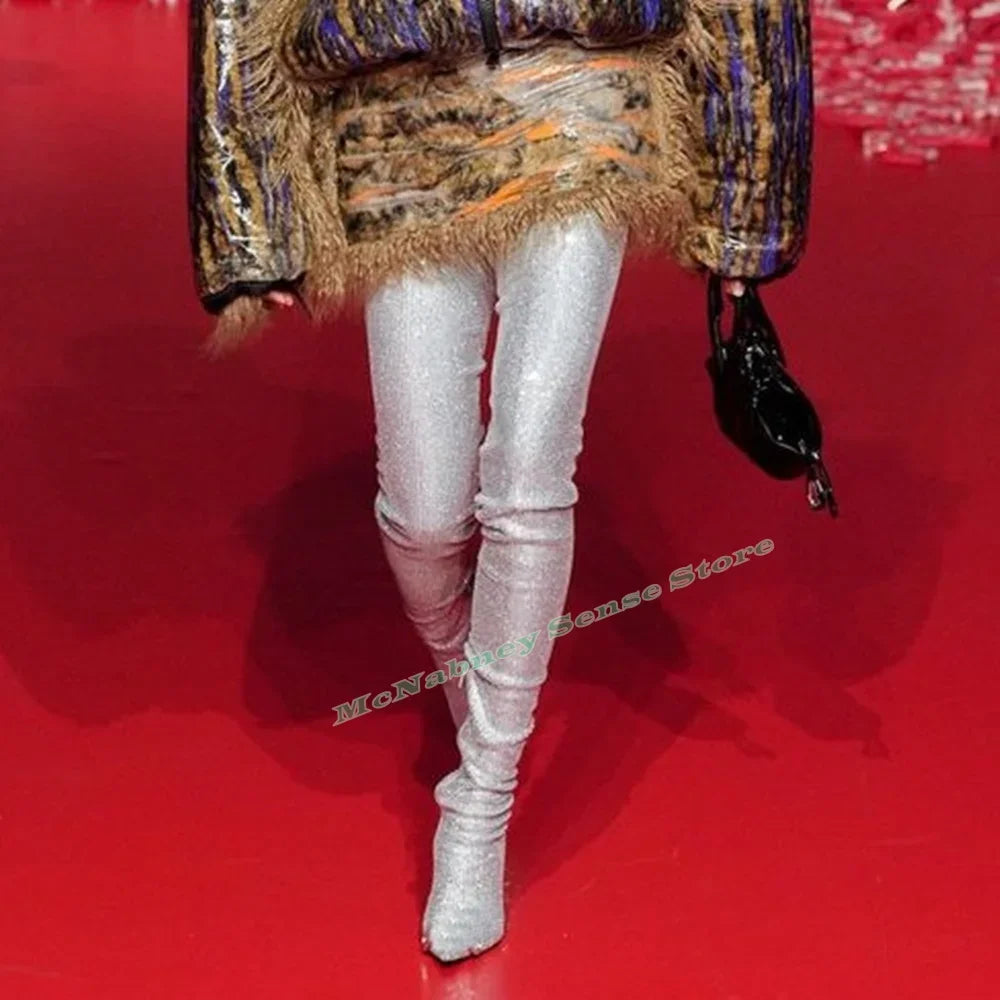 Studded Bling Thigh High Boots Pointed Toe Solid Crystal Stiletto Heels Long Boots Side Zipper New Style Women Shoes Fashion