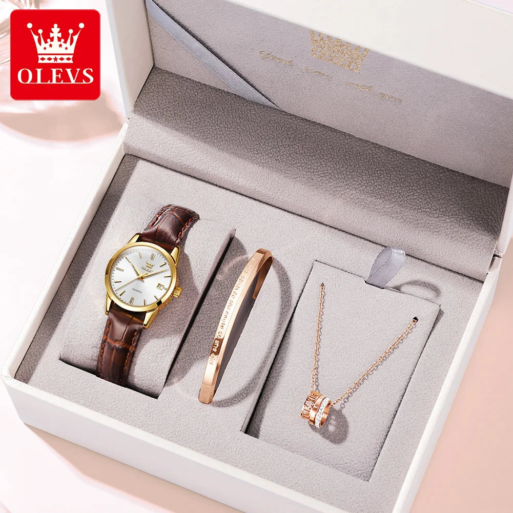 OLEVS Watch 6898 Women Watches Original Elegant Quartz Watch Waterproof Luminous Leather Strap Date Ladies Set Bracelet Watch