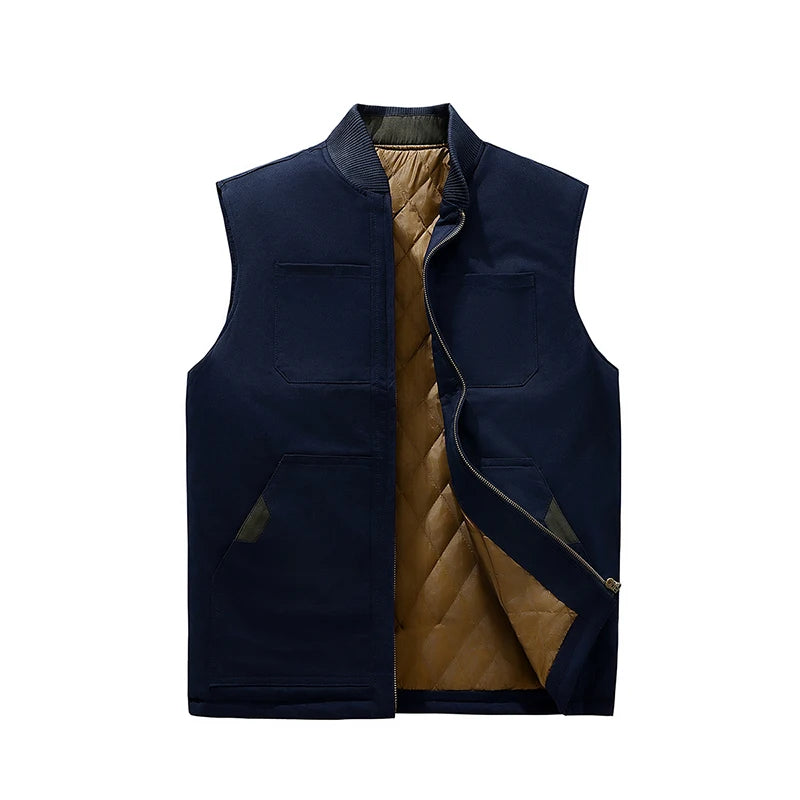 Autumn Winter Thickened Down Cotton Vest Men's Loose Fit Warmth Sleeveless Jacket New Stand Collar Jacket Outdoor Workwear Vest