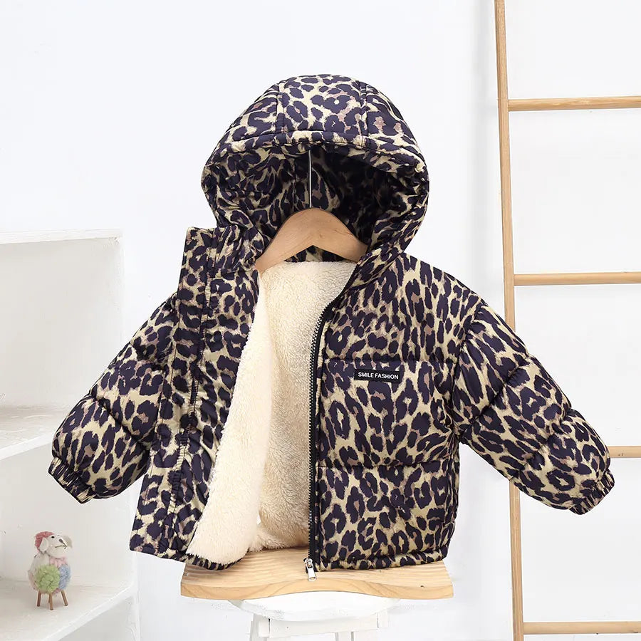 New autumn and winter fleece thickened wool lining cloth leopard print cloth for boys and girls cute baby hooded cotton clothes