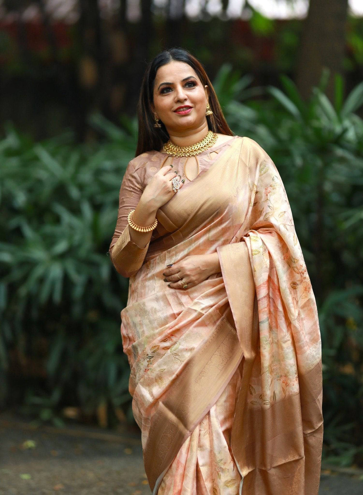 Pastel Peach Banarasi Silk Saree with Golden Zari Border & Subtle