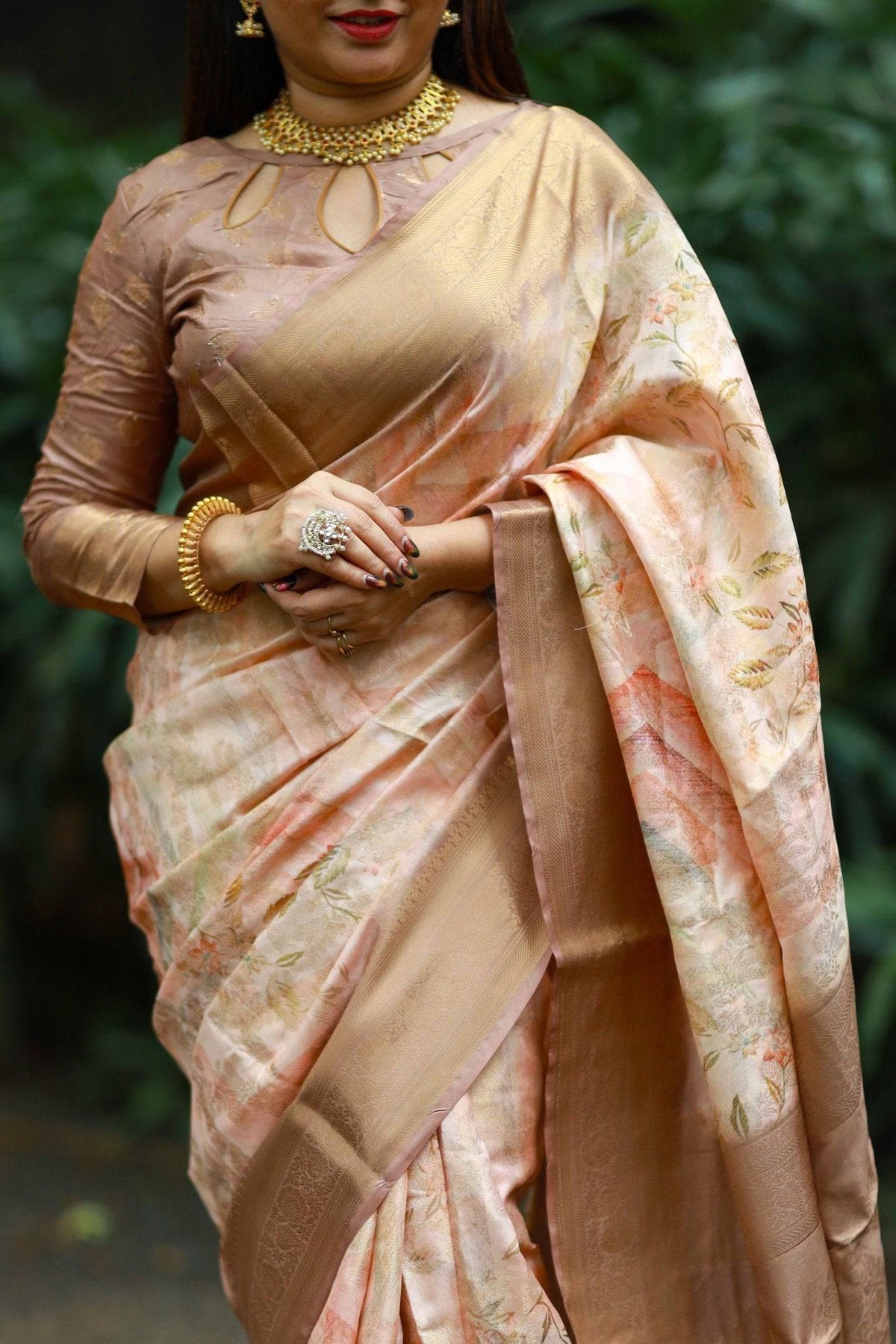 Pastel Peach Banarasi Silk Saree with Golden Zari Border & Subtle