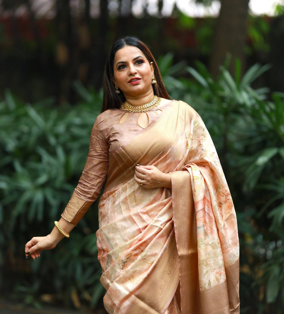 Pastel Peach Banarasi Silk Saree with Golden Zari Border & Subtle