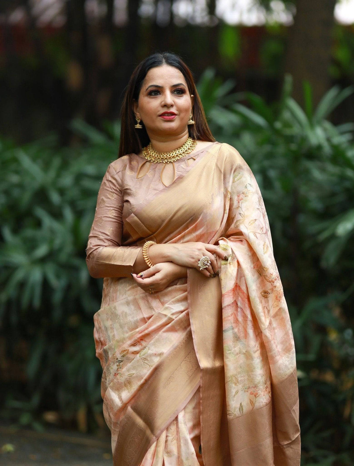 Pastel Peach Banarasi Silk Saree with Golden Zari Border & Subtle