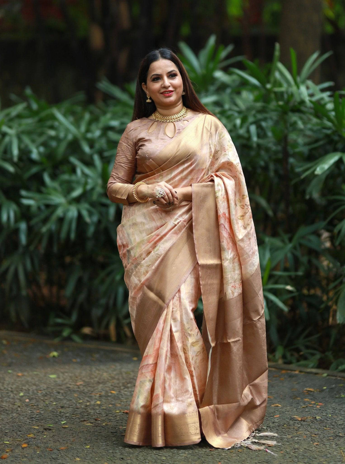 Pastel Peach Banarasi Silk Saree with Golden Zari Border & Subtle