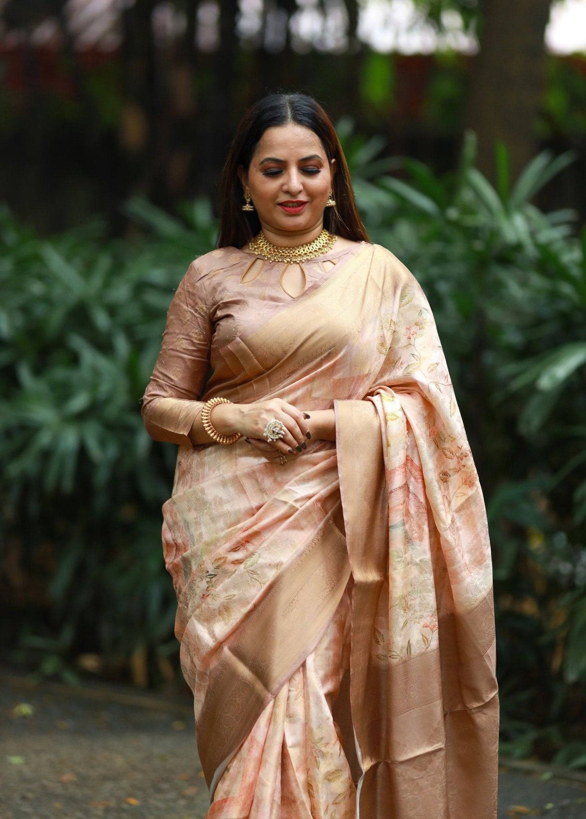 Pastel Peach Banarasi Silk Saree with Golden Zari Border & Subtle