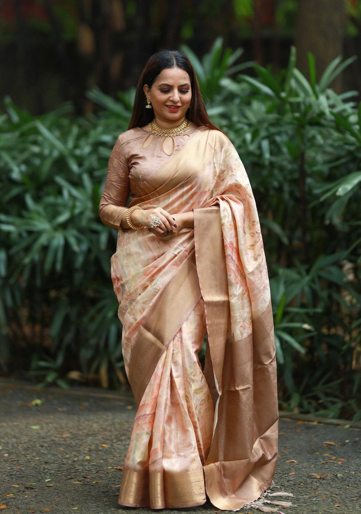 Pastel Peach Banarasi Silk Saree with Golden Zari Border & Subtle