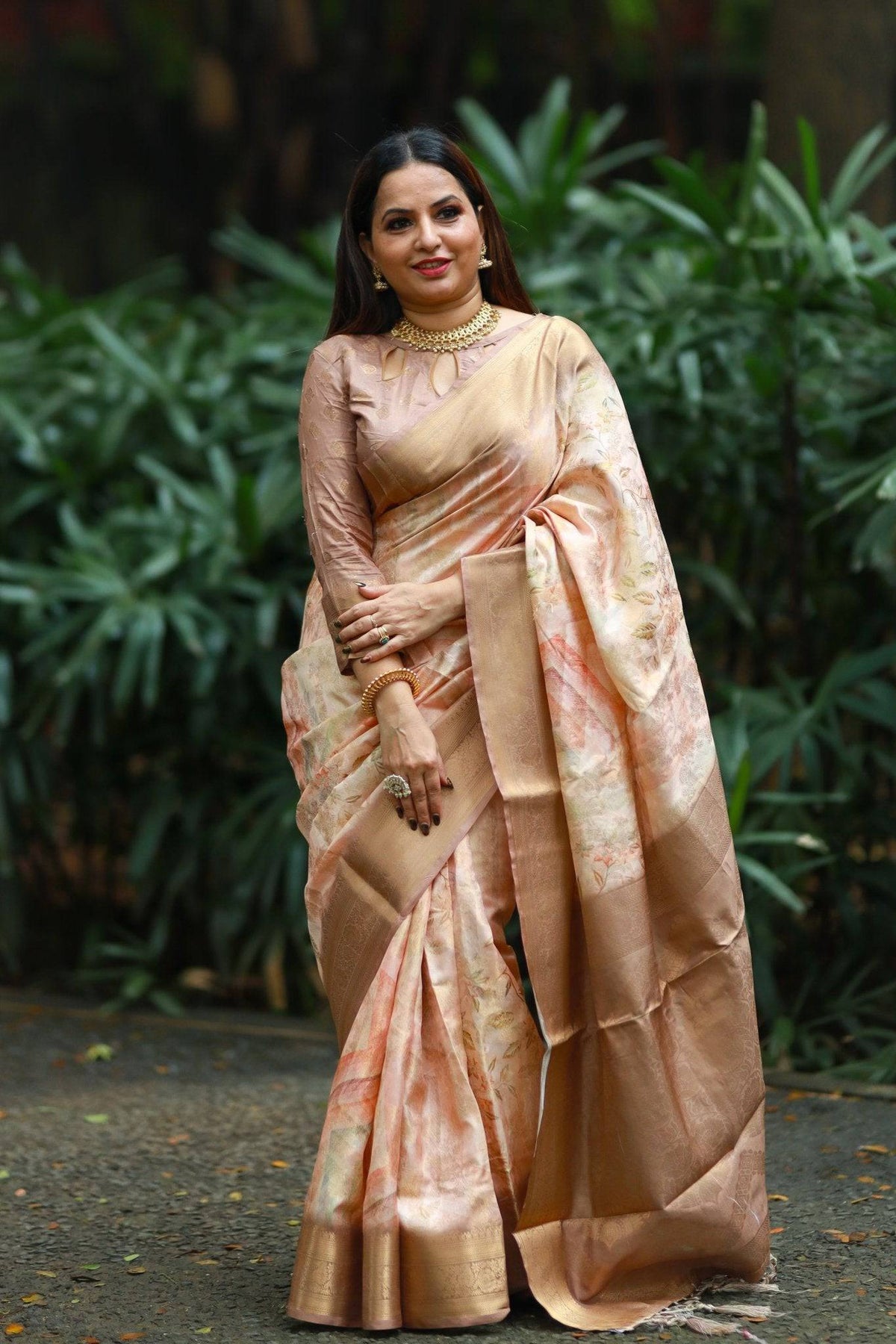 Pastel Peach Banarasi Silk Saree with Golden Zari Border & Subtle