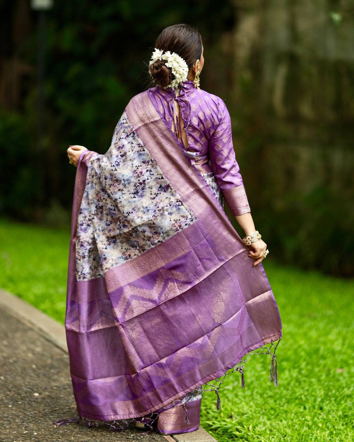 Lavender Banarasi Silk Saree with Delicate Floral Prints and Lustrous