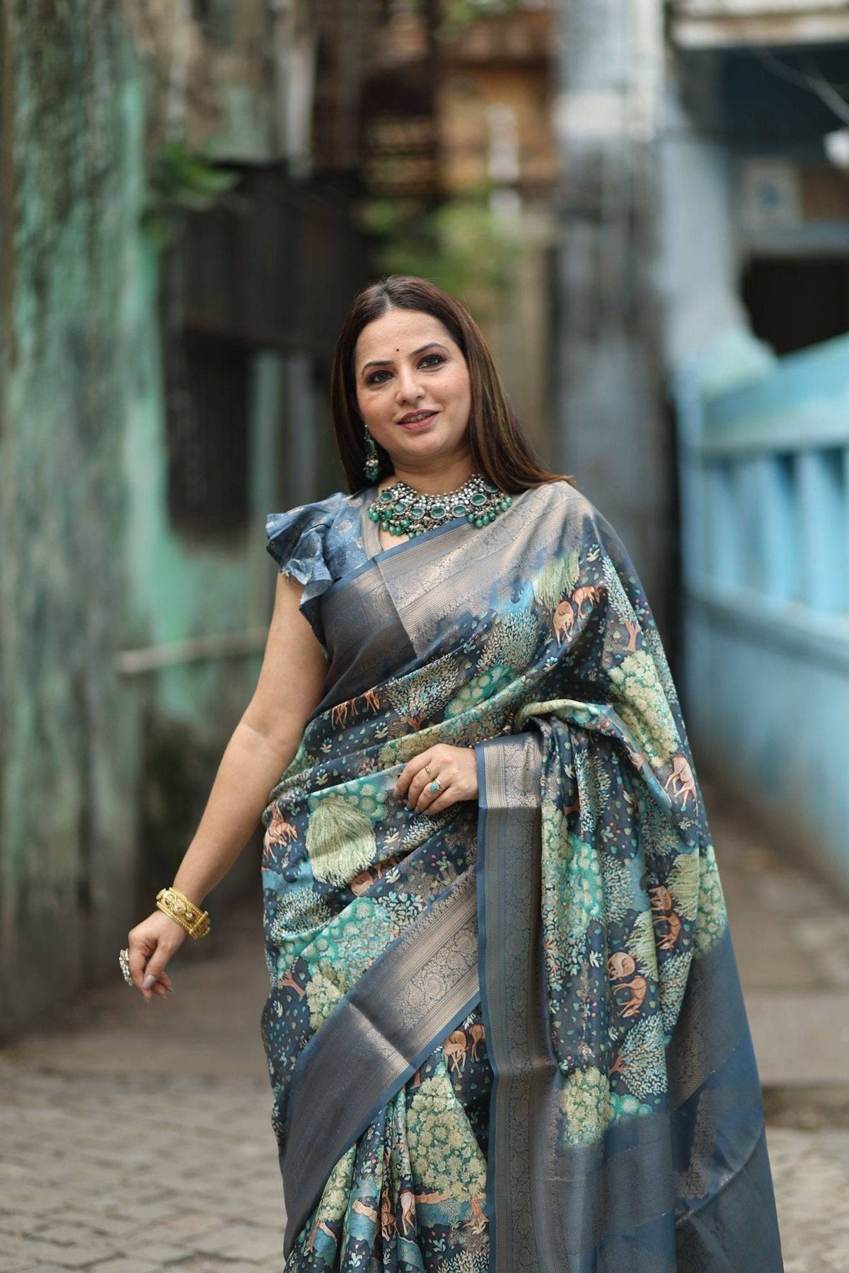 Elegant Teal Blue Banarasi Silk Saree with Forest-Inspired Motifs and