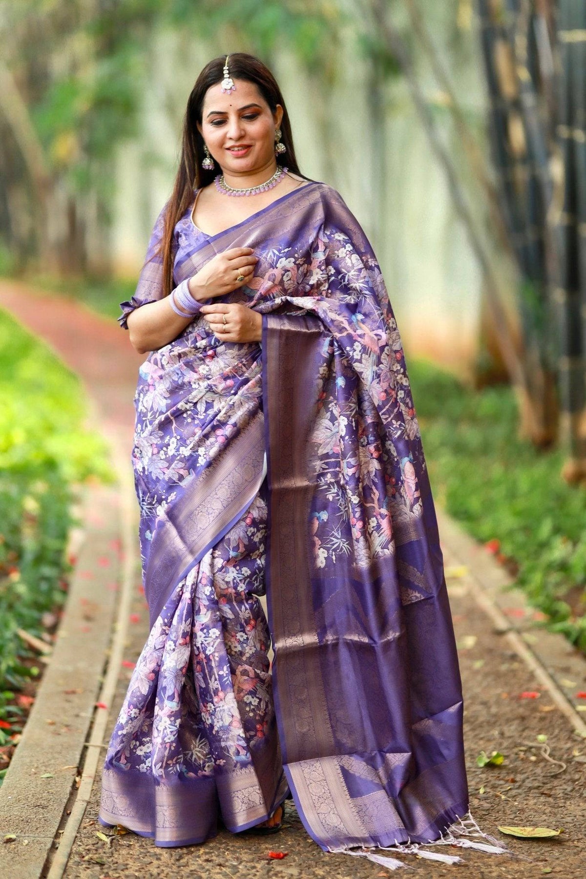 Regal Purple Banarasi Silk Saree with Floral Motifs and Elegant