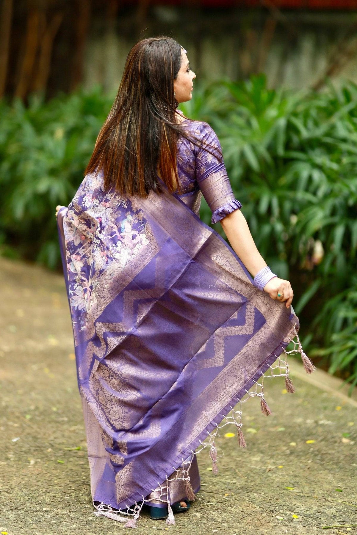 Regal Purple Banarasi Silk Saree with Floral Motifs and Elegant