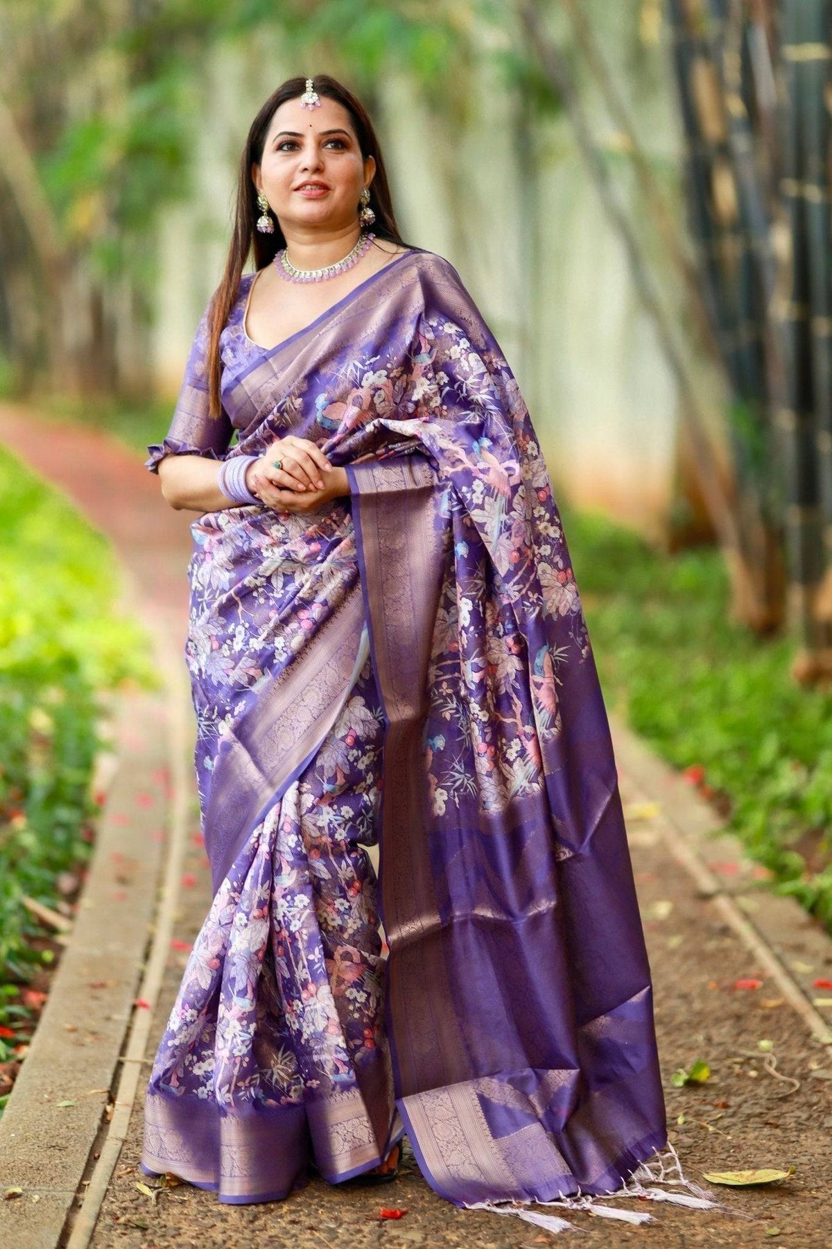 Regal Purple Banarasi Silk Saree with Floral Motifs and Elegant