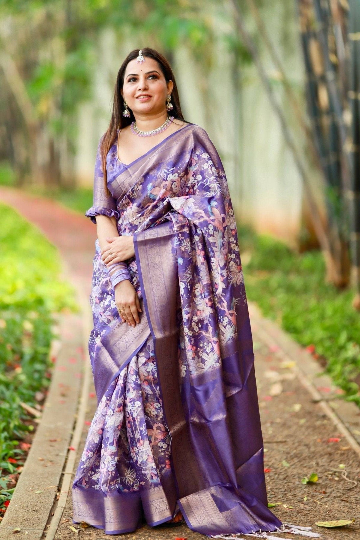 Regal Purple Banarasi Silk Saree with Floral Motifs and Elegant