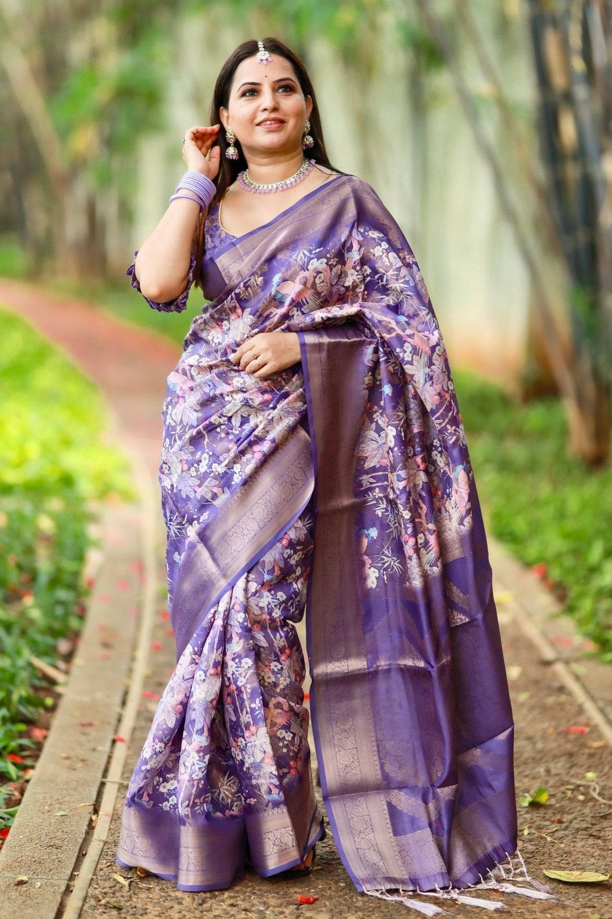 Regal Purple Banarasi Silk Saree with Floral Motifs and Elegant