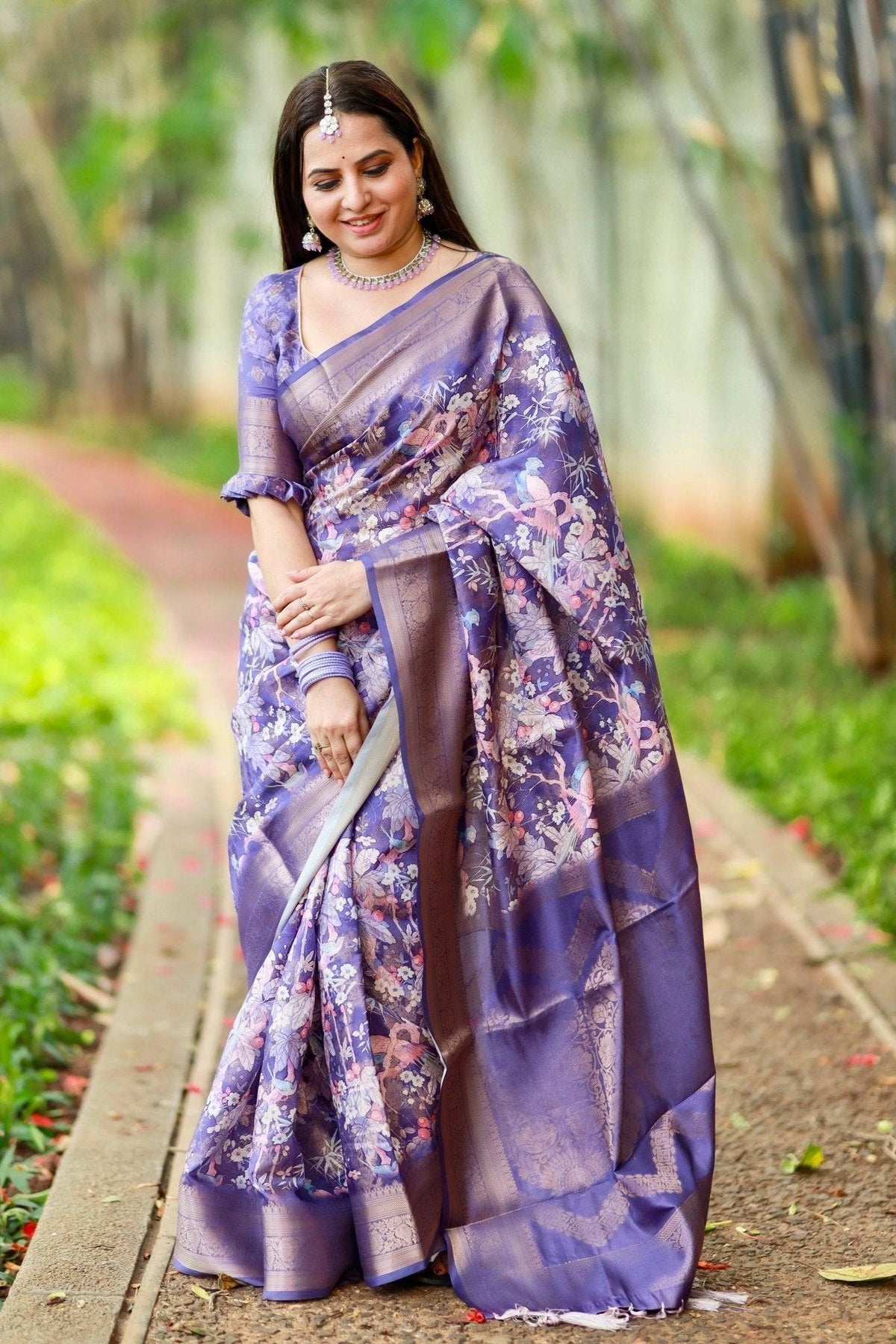 Regal Purple Banarasi Silk Saree with Floral Motifs and Elegant