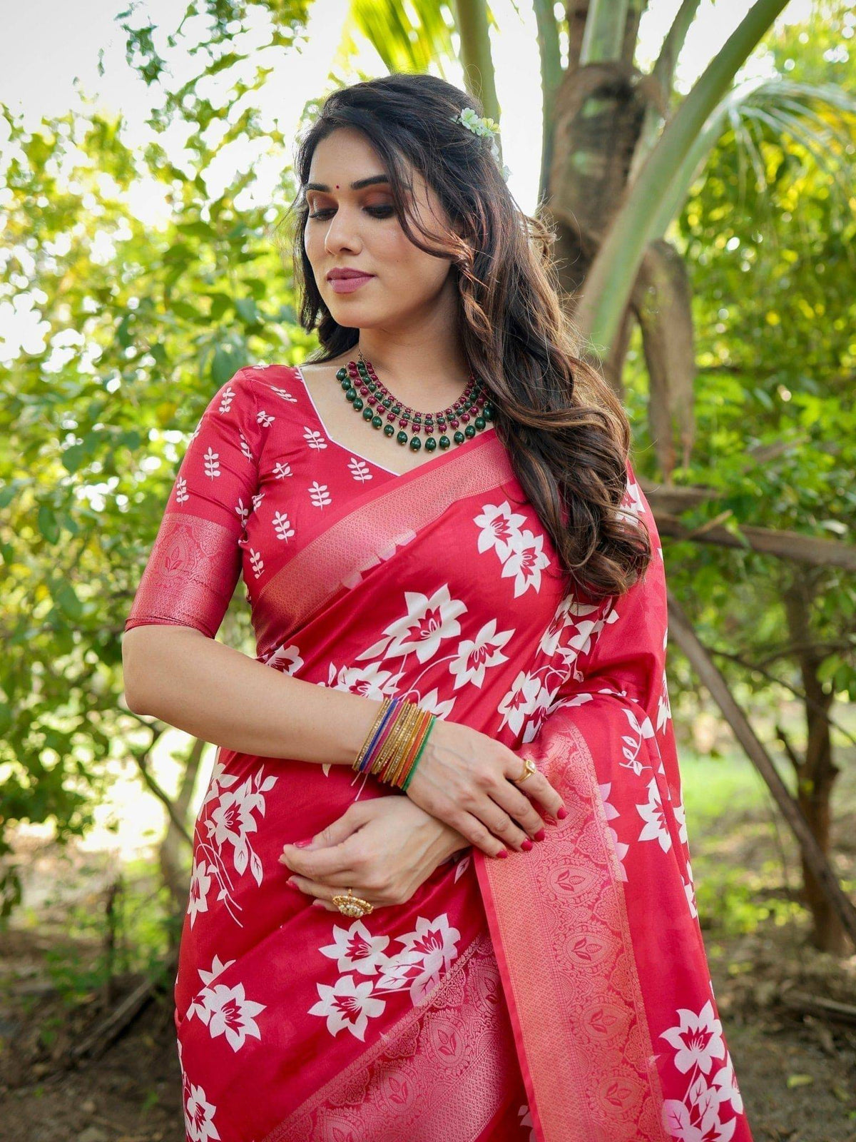 Graceful Red Tussar Silk Saree with White Floral Design and Zari
