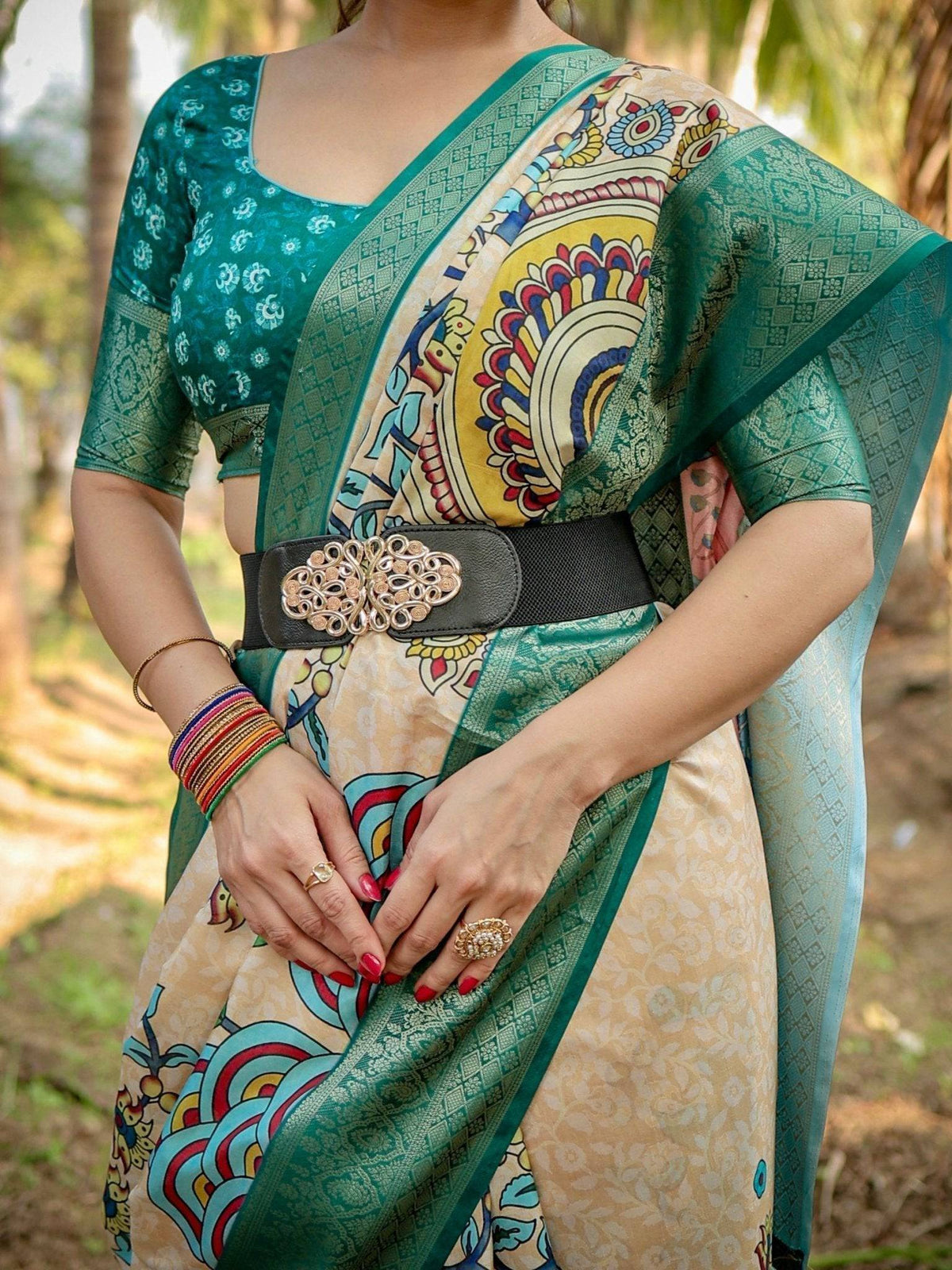 Elegant Tussar Silk Saree in Beige and Coral with Madhubani Pallu and