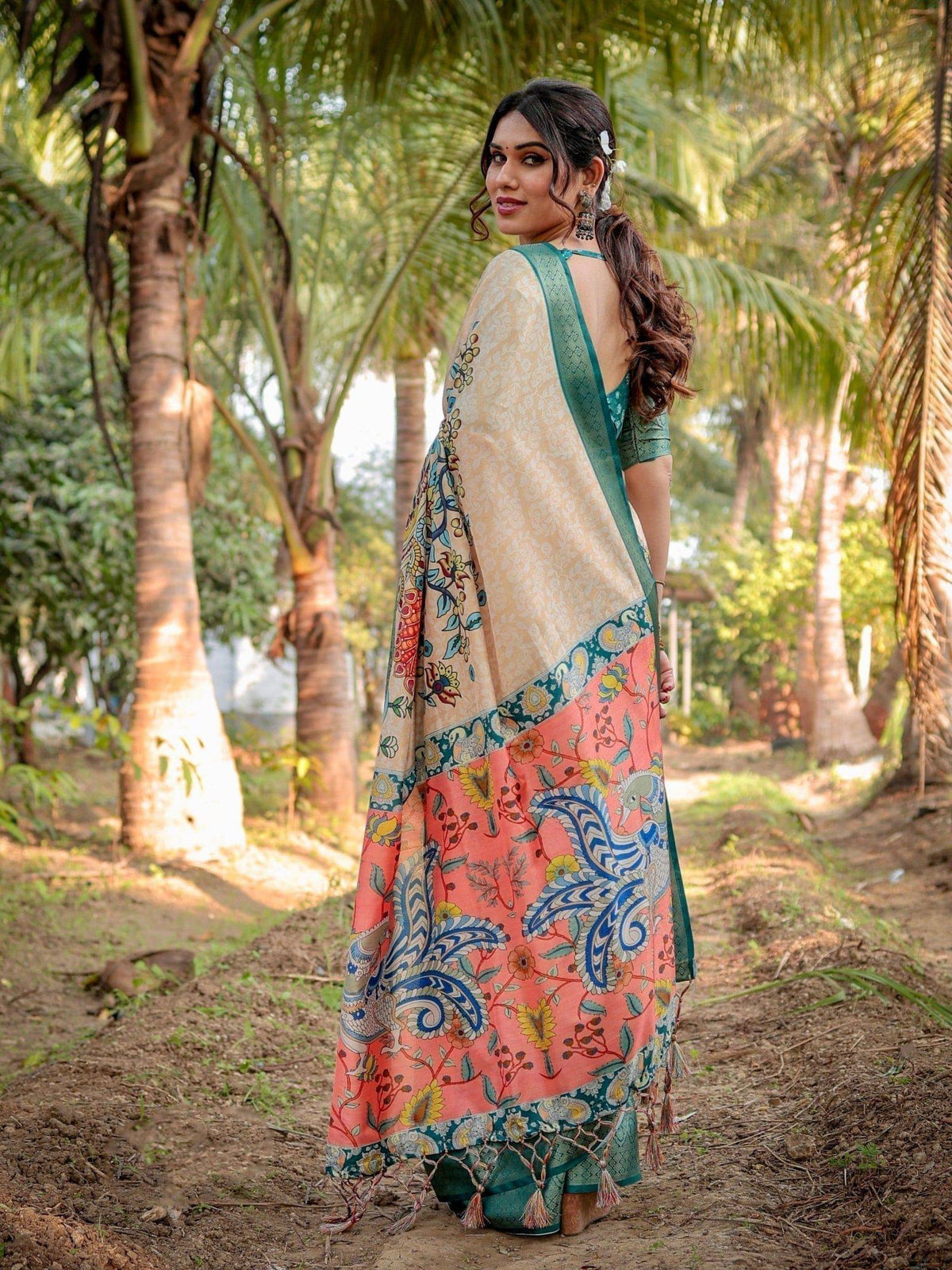 Elegant Tussar Silk Saree in Beige and Coral with Madhubani Pallu and