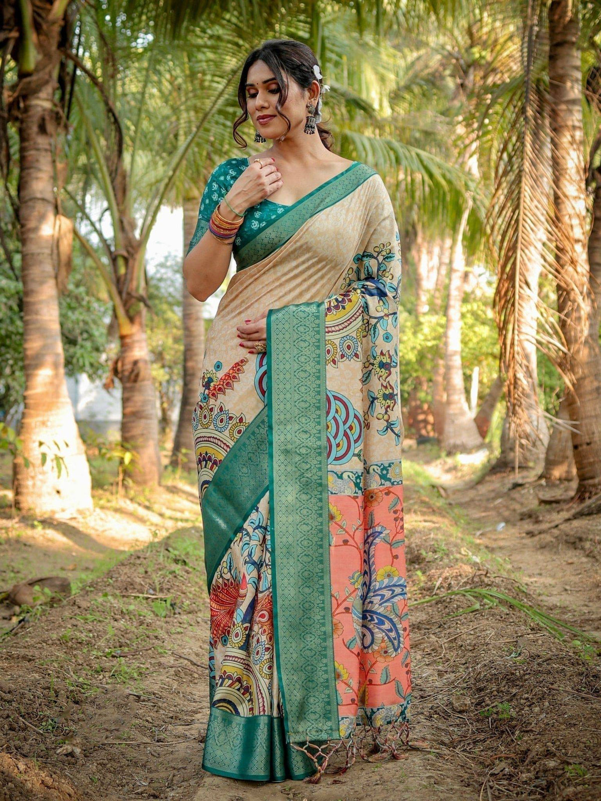 Elegant Tussar Silk Saree in Beige and Coral with Madhubani Pallu and