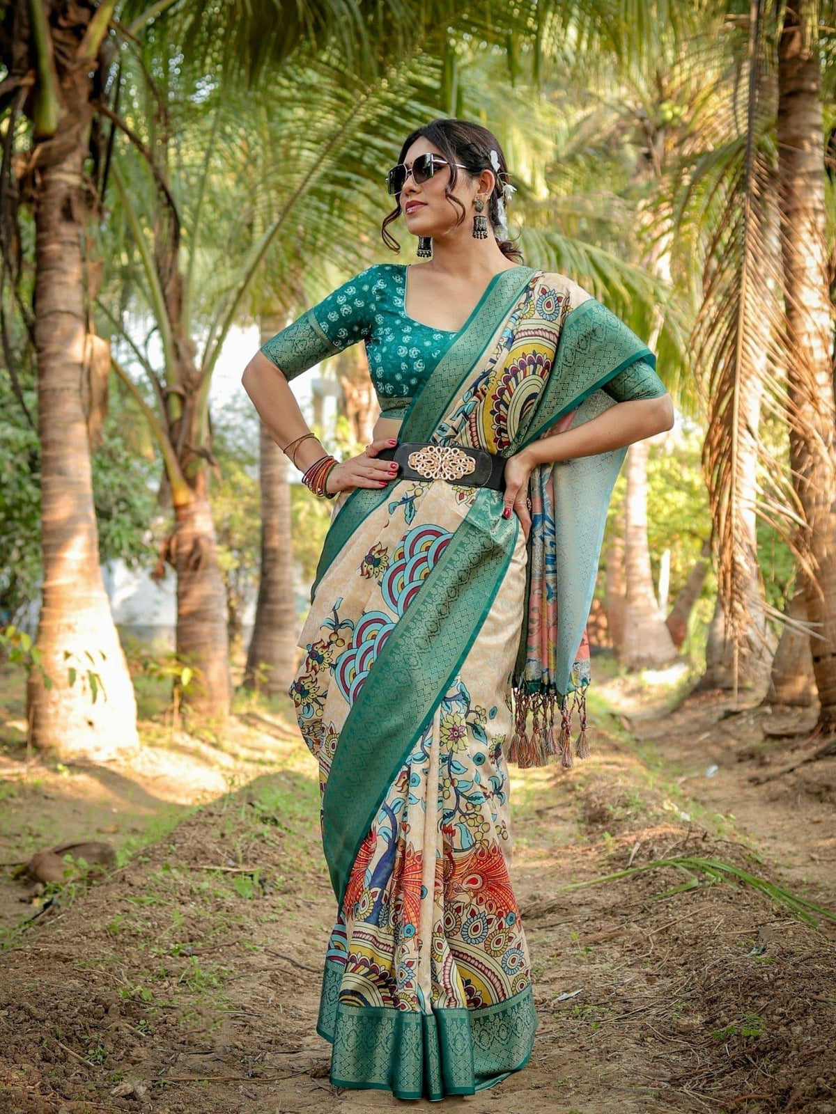 Elegant Tussar Silk Saree in Beige and Coral with Madhubani Pallu and