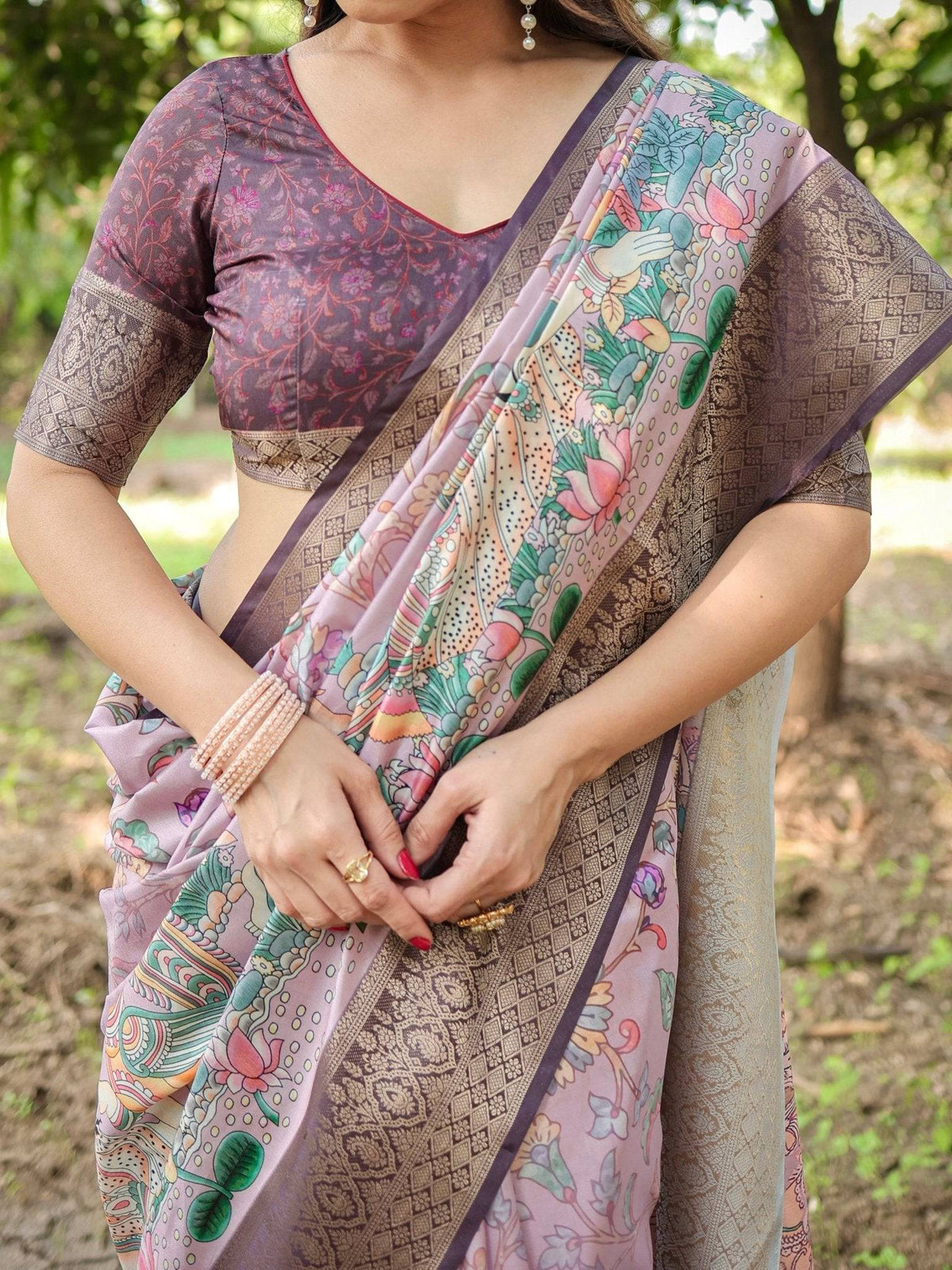 Lilac and Purple Digital Print Tussar Silk Saree with Zari Diamond