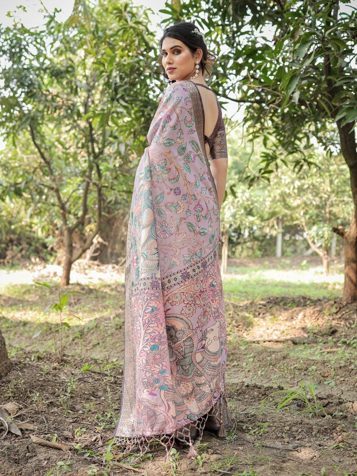 Lilac and Purple Digital Print Tussar Silk Saree with Zari Diamond