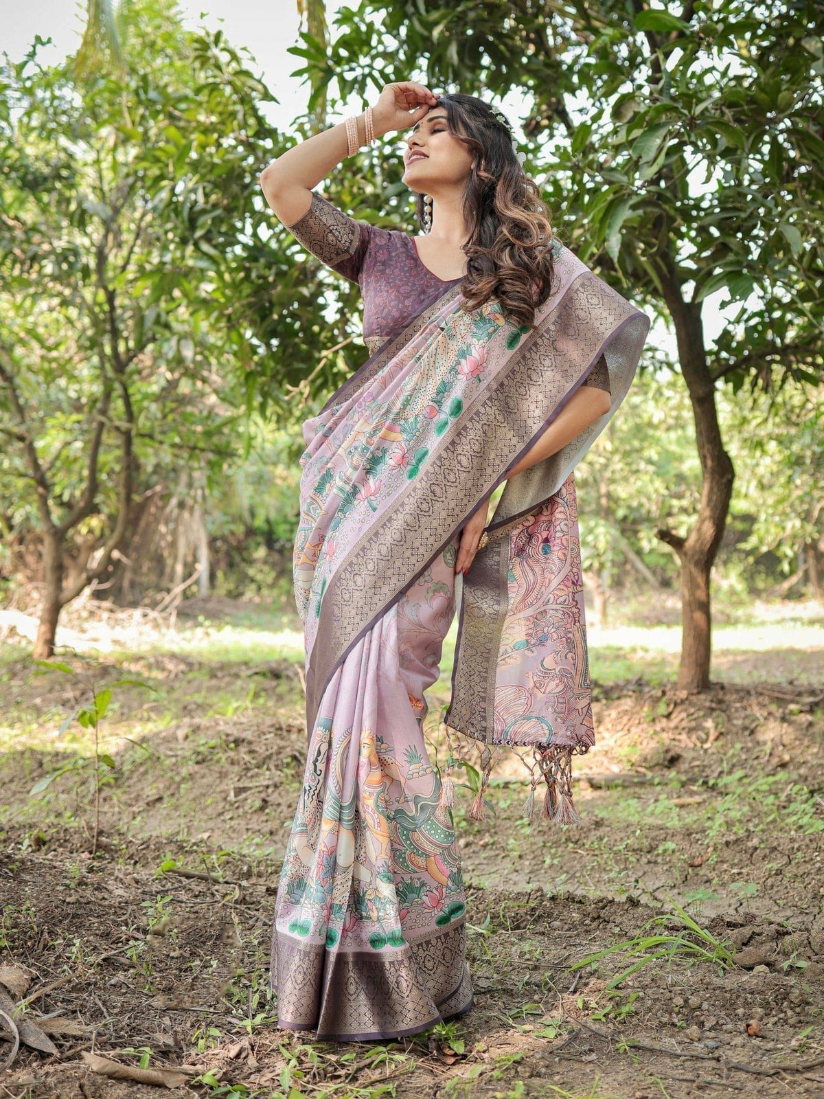 Lilac and Purple Digital Print Tussar Silk Saree with Zari Diamond