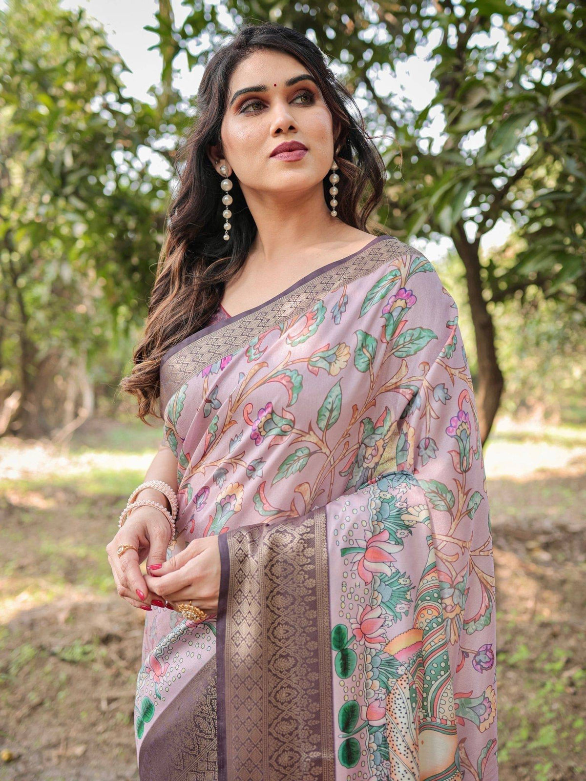 Lilac and Purple Digital Print Tussar Silk Saree with Zari Diamond