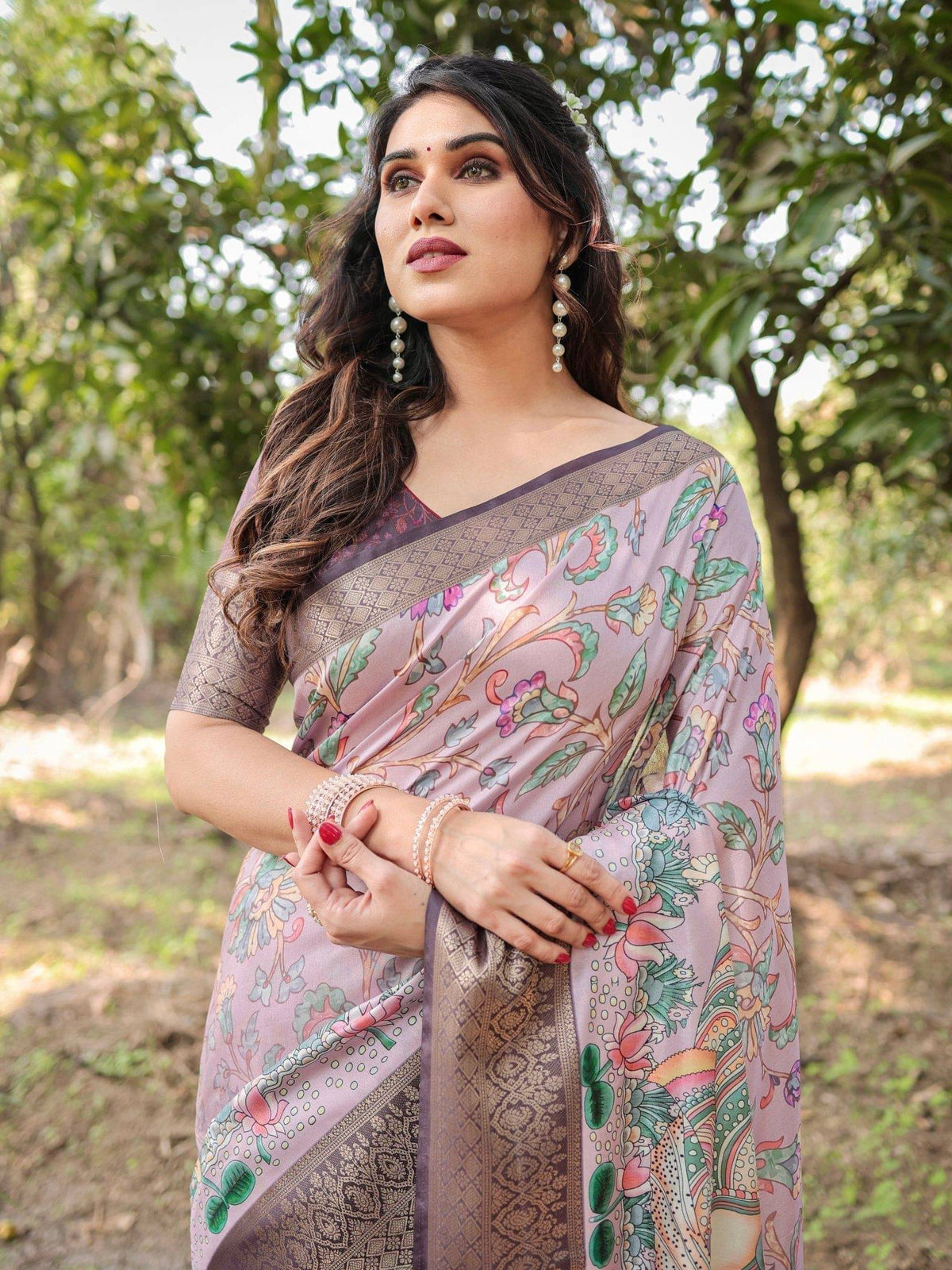 Lilac and Purple Digital Print Tussar Silk Saree with Zari Diamond