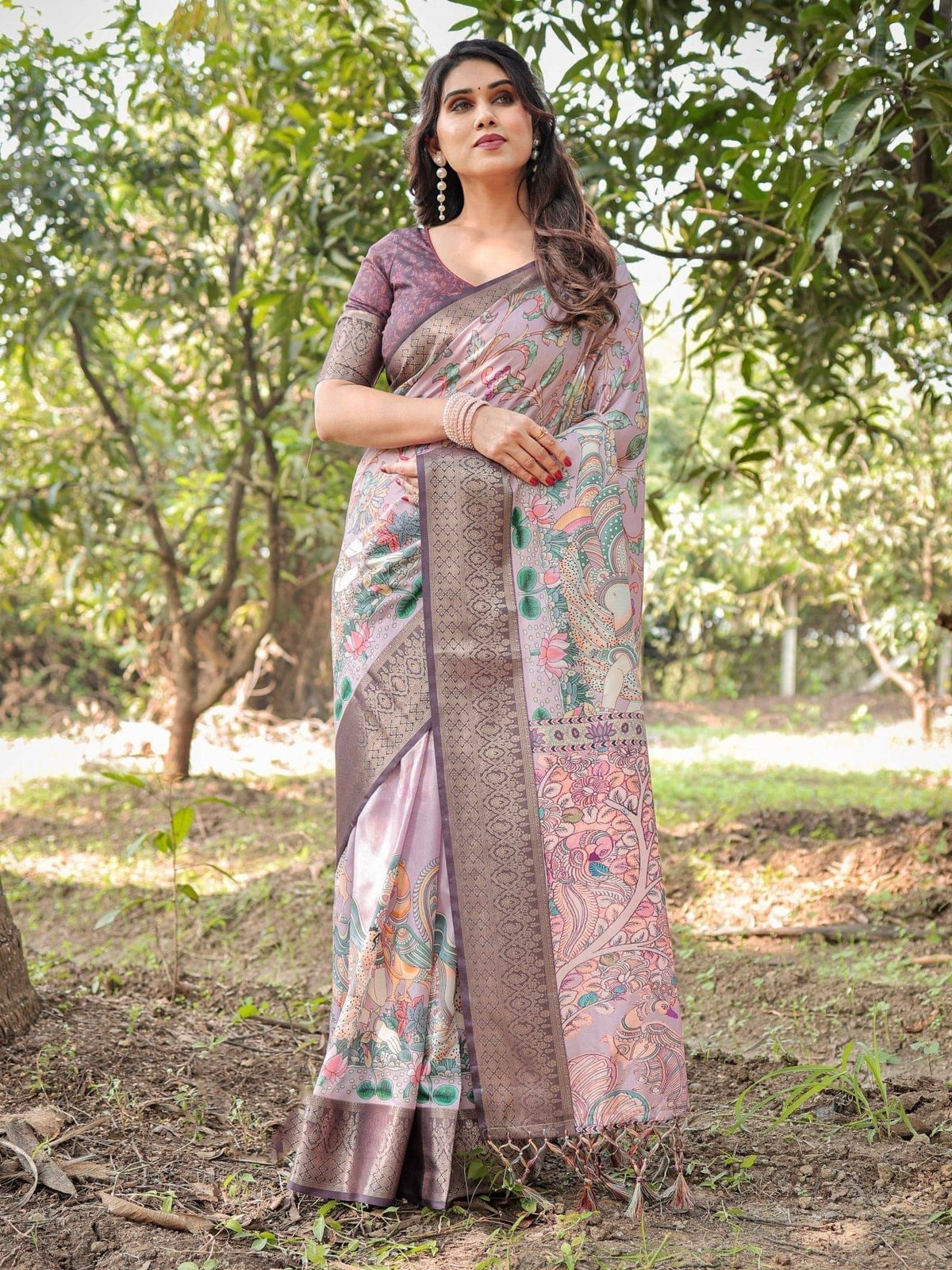 Lilac and Purple Digital Print Tussar Silk Saree with Zari Diamond