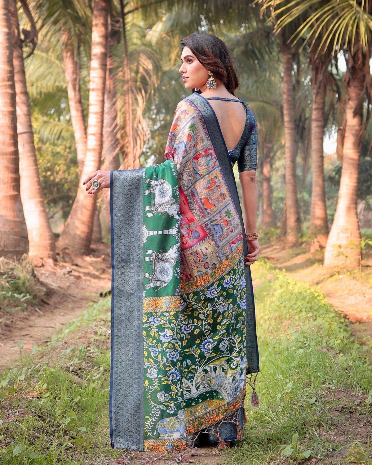 Multicolored Digital Print Tussar Silk Saree with Intricate Zari