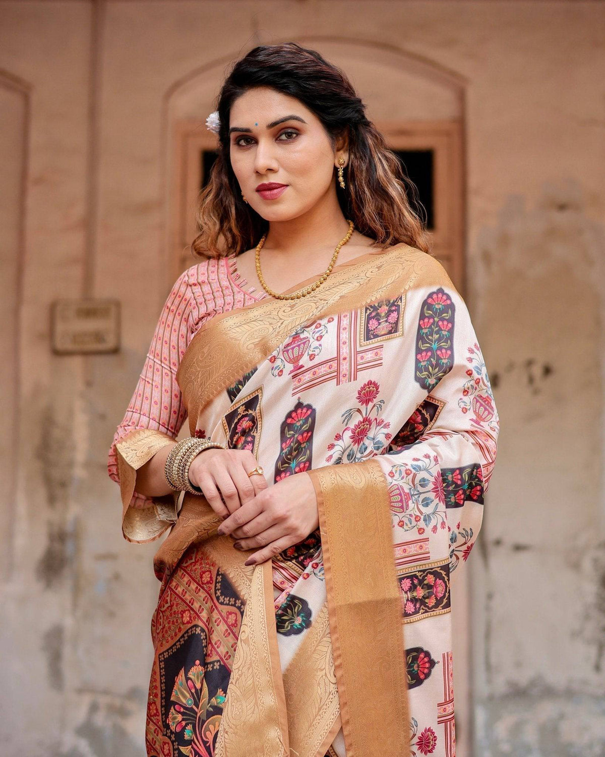 Ivory Tussar Silk Saree with Artistic Floral Motifs and Gleaming