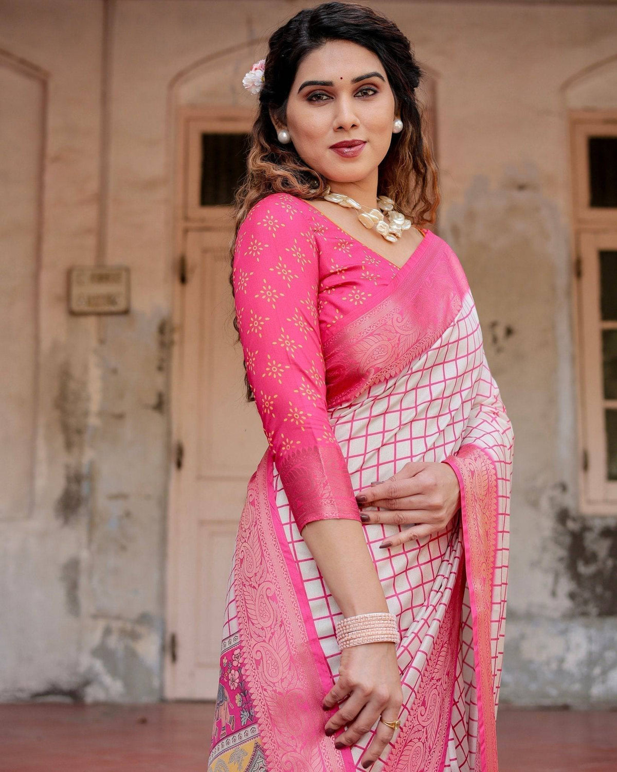 Pink and Ivory Tussar Silk Saree with Golden Zari Border and Majestic